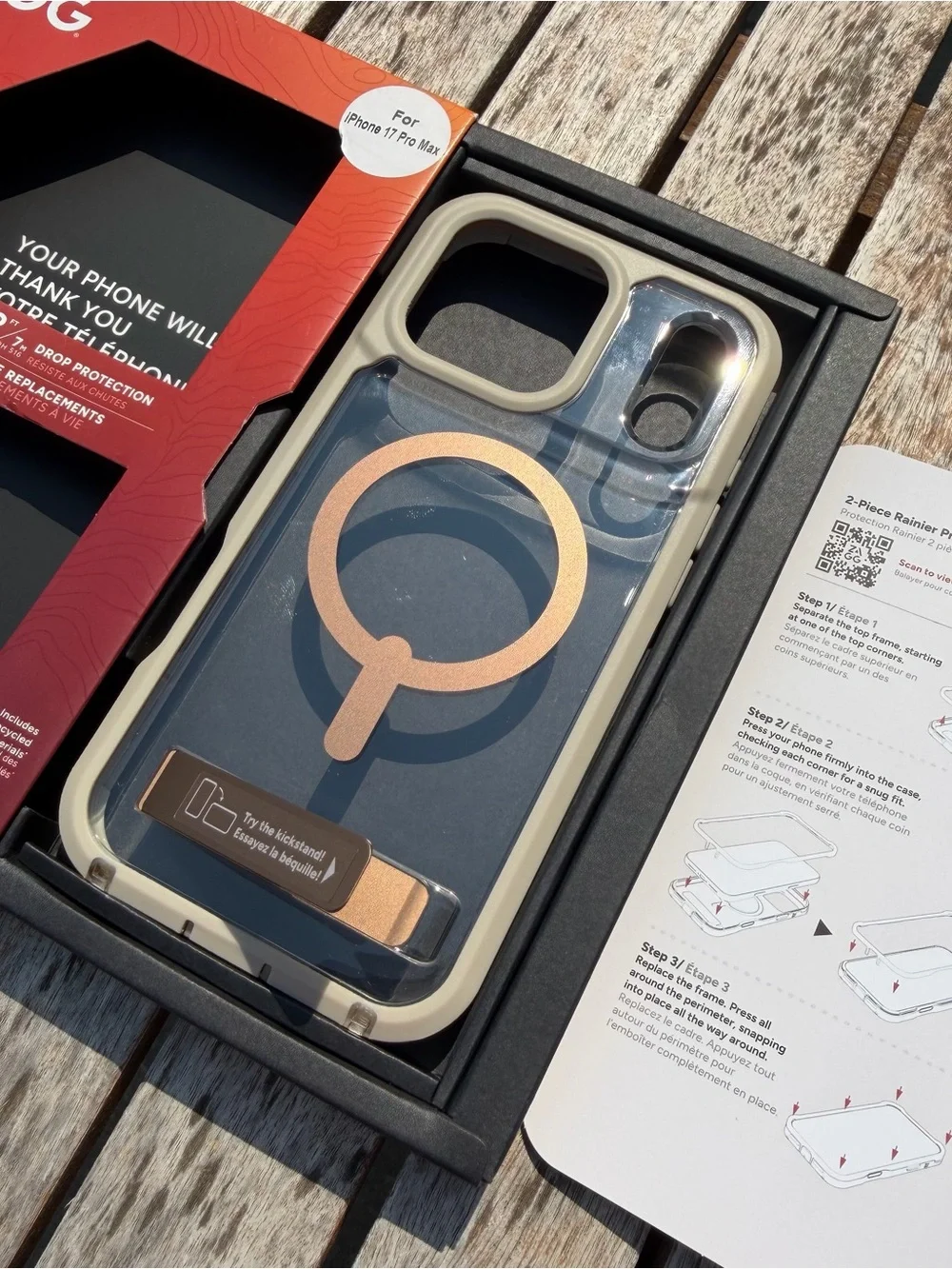 iPhone 17 Pro Max case! Clear and Beige frame, Rose Gold Kickstand!